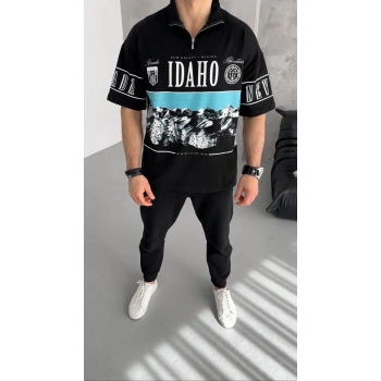 Unisex Baskılı Yarım Fermuarlı T-Shirt - Siyah