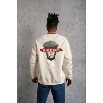 Unisex Bisiklet Yaka Baskılı Oversize Sweatshirt - Beyaz