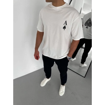 Unisex Bisiklet Yaka Baskılı Oversize T-Shirt - Beyaz