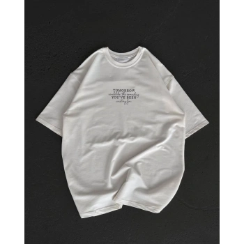 Unisex Bisiklet Yaka Baskılı Oversize T-Shirt - Beyaz