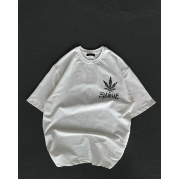 Unisex Bisiklet Yaka Baskılı Oversize T-Shirt - Beyaz