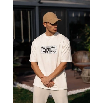 Unisex Bisiklet Yaka Baskılı Oversize T-Shirt - Beyaz