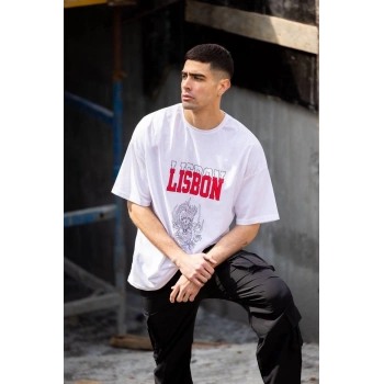 Unisex Bisiklet Yaka Baskılı Oversize T-Shirt - Beyaz