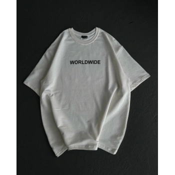 Unisex Bisiklet Yaka Baskılı Oversize T-Shirt - Beyaz