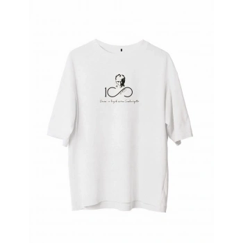 Unisex Bisiklet Yaka Baskılı Oversize T-Shirt - Beyaz