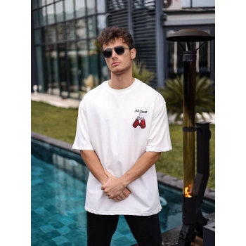 Unisex Bisiklet Yaka Baskılı Oversize T-Shirt - Beyaz