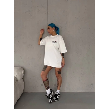 Unisex Bisiklet Yaka Baskılı Oversize T-Shirt - Beyaz