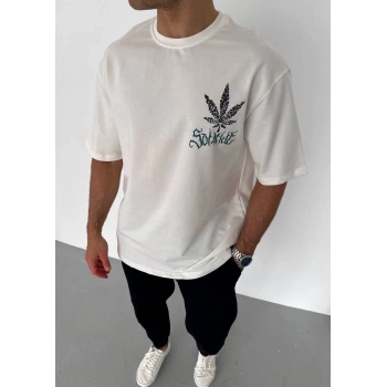 Unisex Bisiklet Yaka Baskılı Oversize T-Shirt - Beyaz