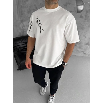 Unisex Bisiklet Yaka Baskılı Oversize T-Shirt - Beyaz