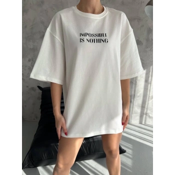 Unisex Bisiklet Yaka Baskılı Oversize T-Shirt - Beyaz