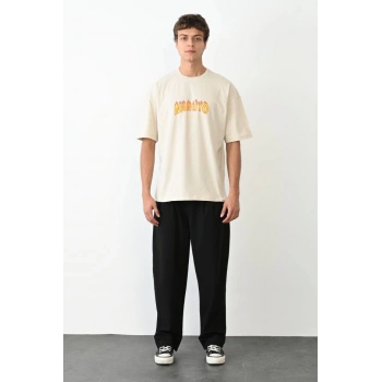 Unisex Bisiklet Yaka Baskılı Oversize T-Shirt - Beyaz