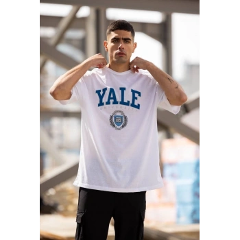 Unisex Bisiklet Yaka Baskılı Oversize T-Shirt - Beyaz