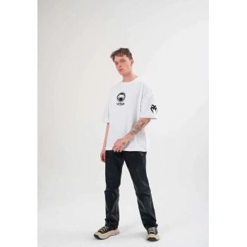 Unisex Bisiklet Yaka Baskılı Oversize T-Shirt - Beyaz