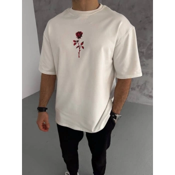 Unisex Bisiklet Yaka Baskılı Oversize T-Shirt - Beyaz