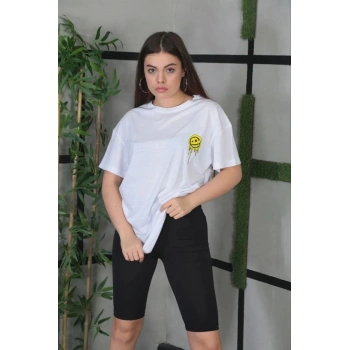 Unisex Bisiklet Yaka Baskılı Oversize T-Shirt - Beyaz