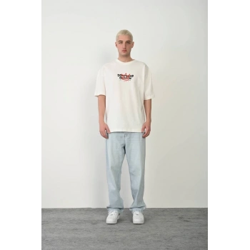 Unisex Bisiklet Yaka Baskılı Oversize T-Shirt - Beyaz