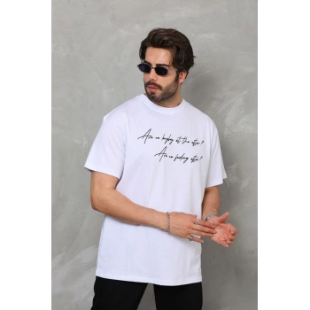 Unisex Bisiklet Yaka Baskılı Oversize T-Shirt - Beyaz