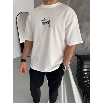 Unisex Bisiklet Yaka Baskılı Oversize T-Shirt - Beyaz