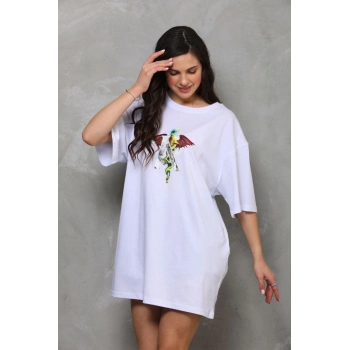 Unisex Bisiklet Yaka Baskılı Oversize T-Shirt - Beyaz