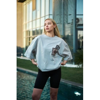 Unisex Bisiklet Yaka Baskılı Oversize T-Shirt - Boyalı Gri
