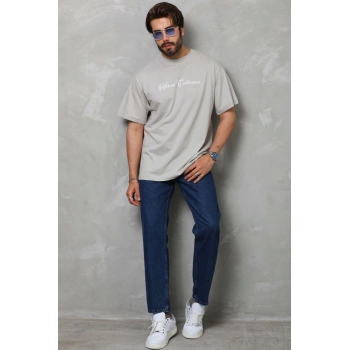 Unisex Bisiklet Yaka Baskılı Oversize T-Shirt - Gri