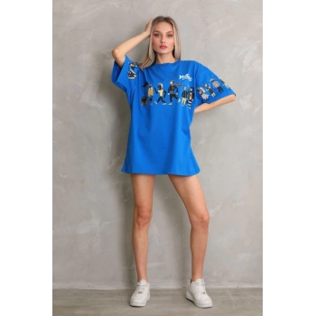 Unisex Bisiklet Yaka Baskılı Oversize T-Shirt - Mavi