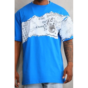 Unisex Bisiklet Yaka Baskılı Oversize T-Shirt - Mavi