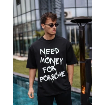 Unisex Bisiklet Yaka Baskılı Oversize T-Shirt - Siyah