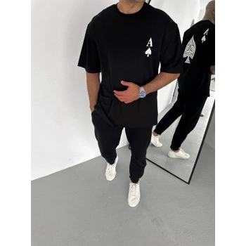 Unisex Bisiklet Yaka Baskılı Oversize T-Shirt - Siyah