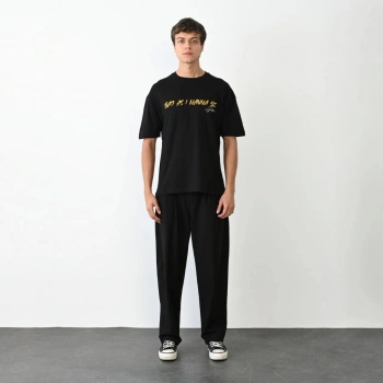 Unisex Bisiklet Yaka Baskılı Oversize T-Shirt - Siyah