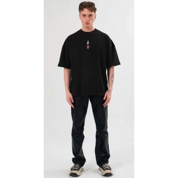 Unisex Bisiklet Yaka Baskılı Oversize T-Shirt - Siyah