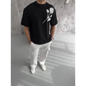 Unisex Bisiklet Yaka Baskılı Oversize T-Shirt - Siyah