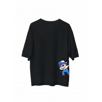 Unisex Bisiklet Yaka Baskılı Oversize T-Shirt - Siyah