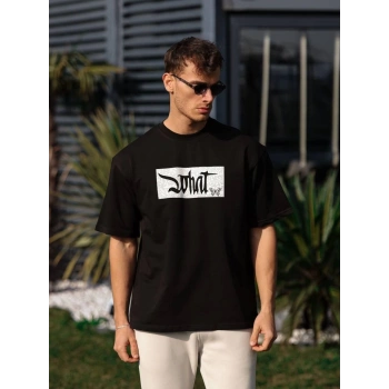 Unisex Bisiklet Yaka Baskılı Oversize T-Shirt - Siyah