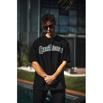 Unisex Bisiklet Yaka Baskılı Oversize T-Shirt - Siyah