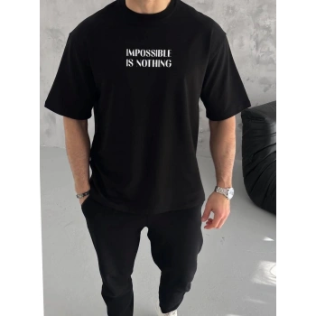 Unisex Bisiklet Yaka Baskılı Oversize T-Shirt - Siyah