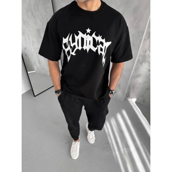 Unisex Bisiklet Yaka Baskılı Oversize T-Shirt - Siyah