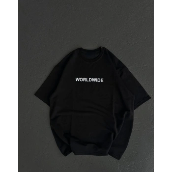 Unisex Bisiklet Yaka Baskılı Oversize T-Shirt - Siyah