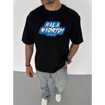 Unisex Bisiklet Yaka Baskılı Oversize T-Shirt - Siyah