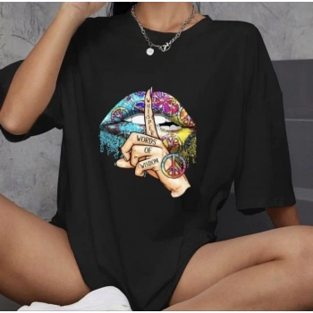 Unisex Bisiklet Yaka Baskılı Oversize T-Shirt - Siyah