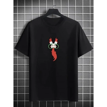 Unisex Bisiklet Yaka Baskılı Oversize T-Shirt - Siyah