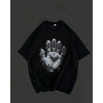 Unisex Bisiklet Yaka Baskılı Oversize T-Shirt - Siyah