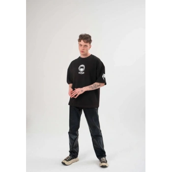 Unisex Bisiklet Yaka Baskılı Oversize T-Shirt - Siyah