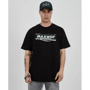 Unisex Bisiklet Yaka Baskılı Oversize T-Shirt - Siyah