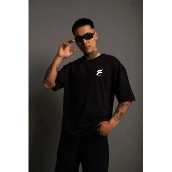 Unisex Bisiklet Yaka Baskılı Oversize T-Shirt - Siyah