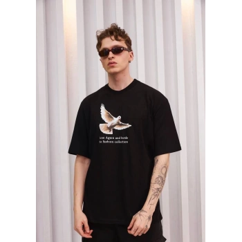 Unisex Bisiklet Yaka Baskılı Oversize T-Shirt - Siyah