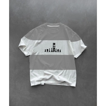 Unisex Bisiklet Yaka Baskılı Parçalı Oversize T-Shirt - Gri