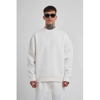 Unisex Biskilet Yaka Üç İplik SweatShirt - Beyaz