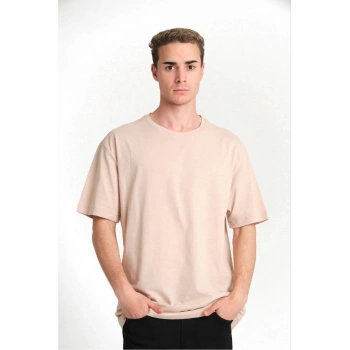 Unisex Düz Biskilet Yaka Oversize T-shirt - Bej