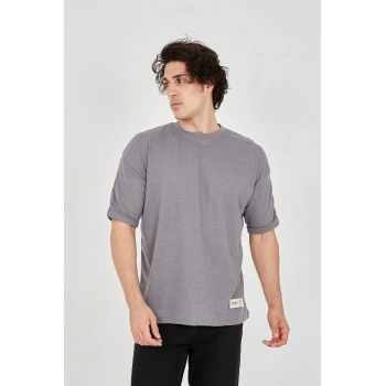 Unisex Jakar Kumaş Rahat Kol T-Shirt - Gri